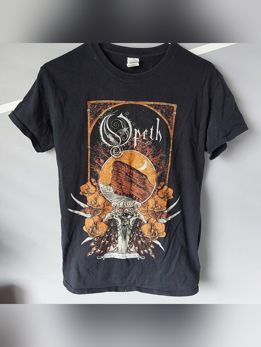 Black Opeth Graphic Concert Tee with Orange and White Design